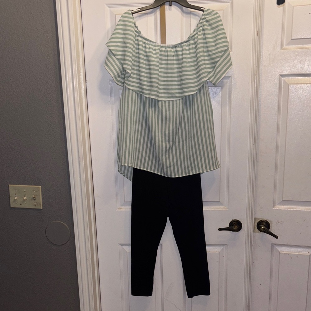 Pinkblush Striped Off-Shoulder Top with Black Leggings 2piece bundle.